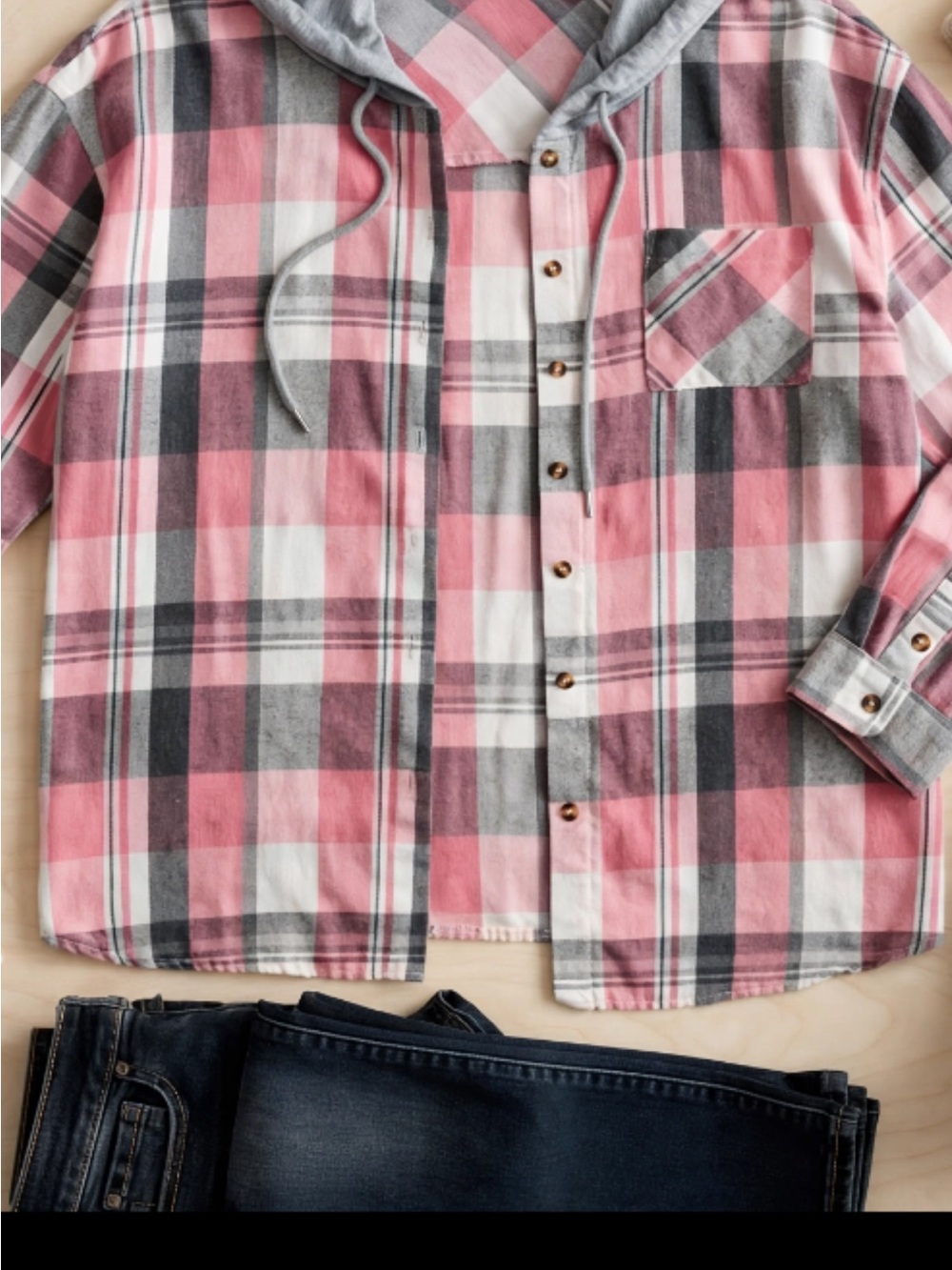 Pink Plaid Hooded Button-Up Shirt